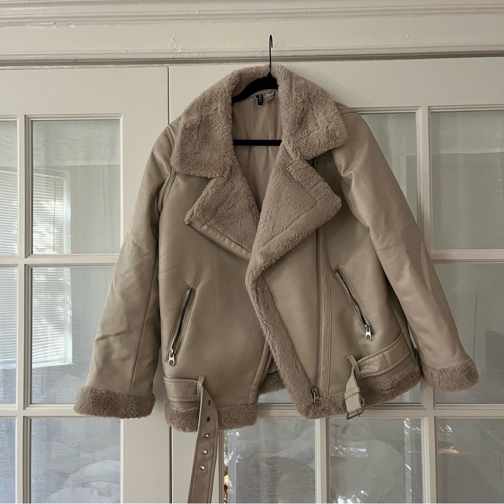 Neutral Faux Leather Moto Jacket